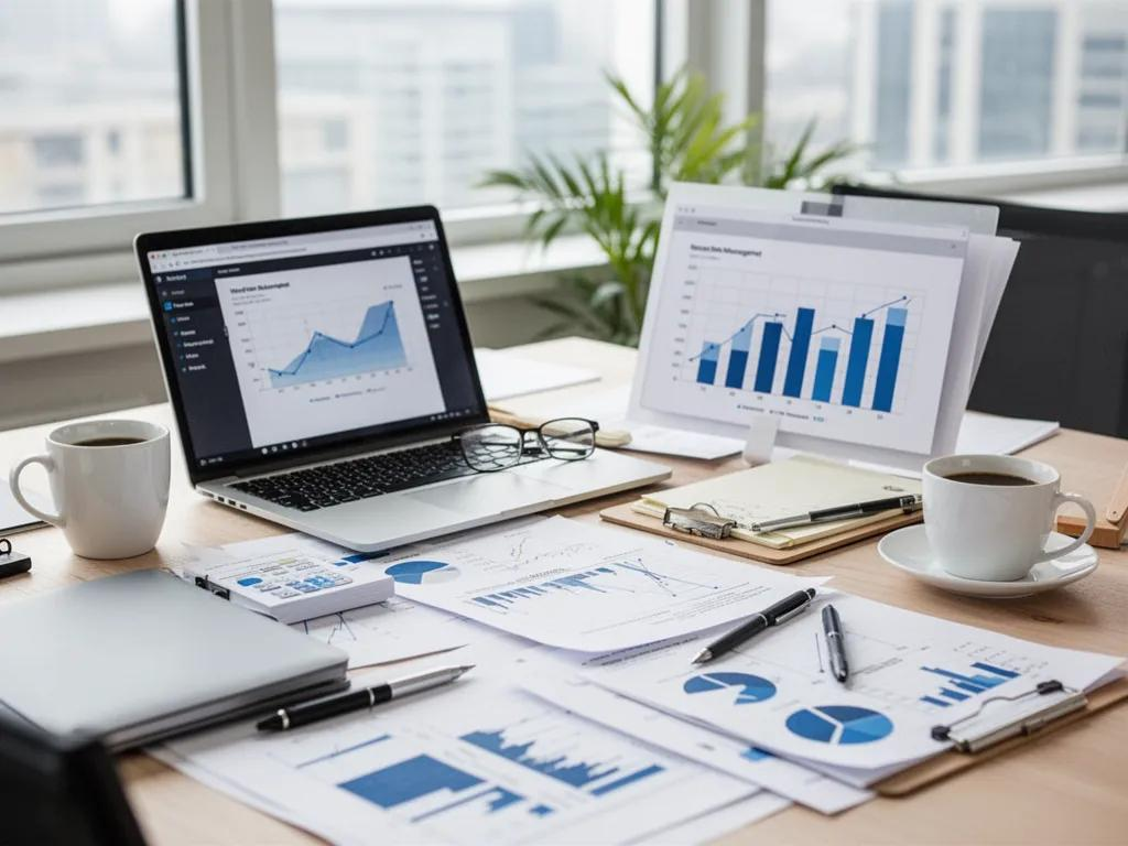 A realistic financial planning desk with documents, calculator, and charts