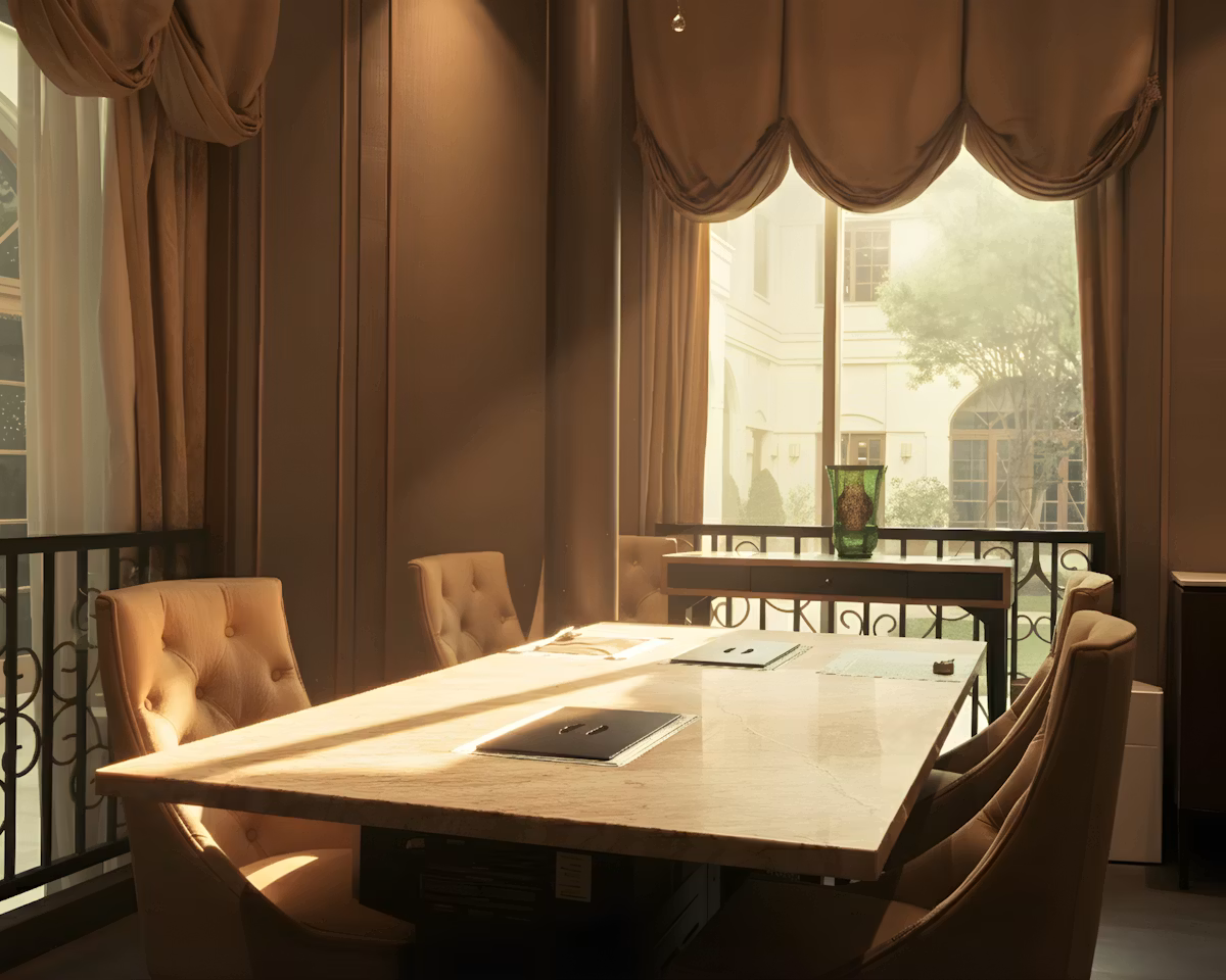 An elegant dining room set with a large table and chairs for a family gathering